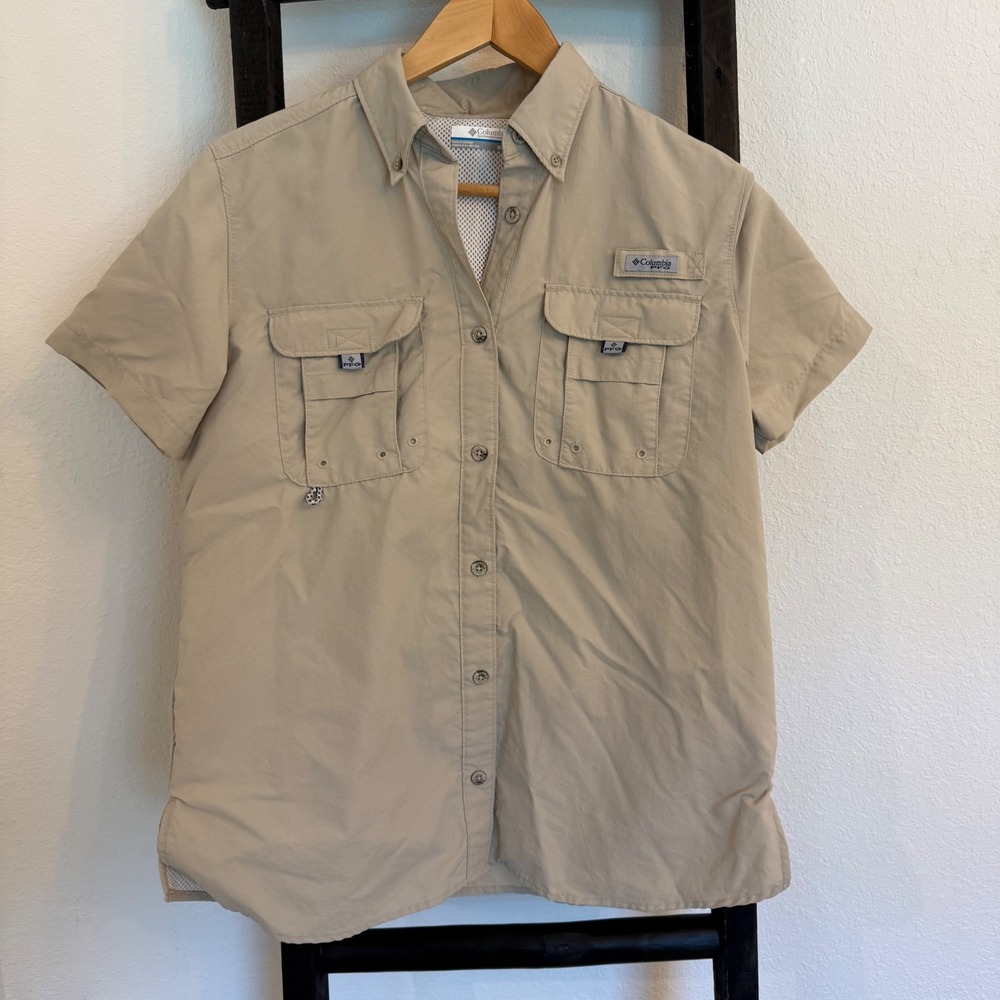 Columbia PFG Fishing Shirt Mens Medium Tan Short Sleeve UPF Vent